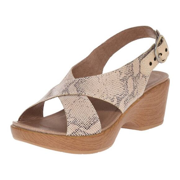 Dansko Jacinda Wedge Sandals WMNS 38 Taupe Snake Skin Crossover Strap Sling Back - Picture 2 of 13
